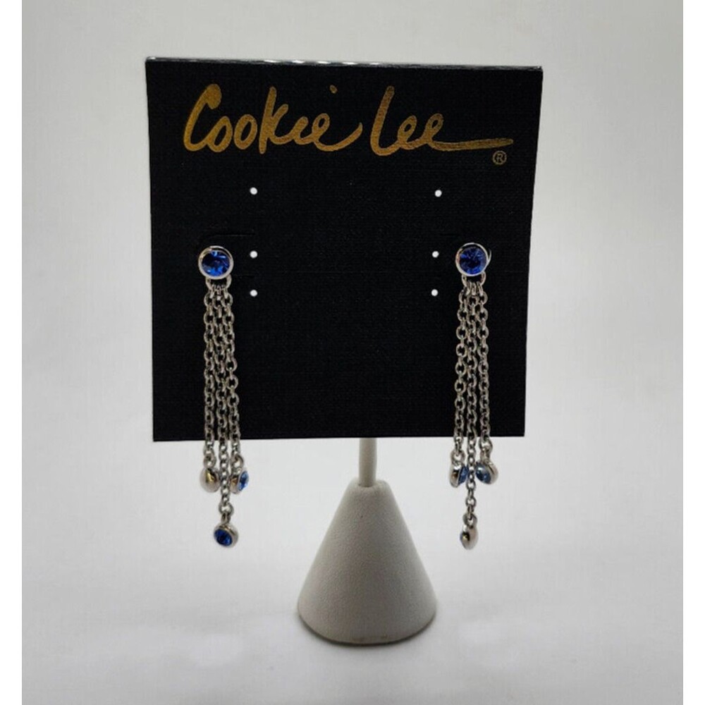 COOKIE LEE Blue Crystal Drop Dangle Silvertone Earrings ~ Stud Butterfly Backing